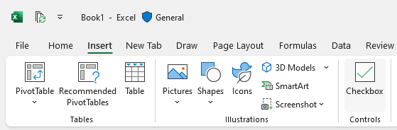 Excel Insert tab showing checkbox feature