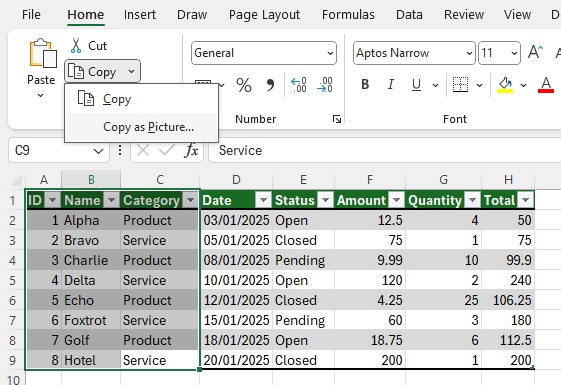 Copy Excel cells as an image