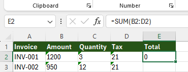 Excel SUM formula returning zero due to text values