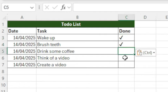 Excel to-do list using clickable checkboxes