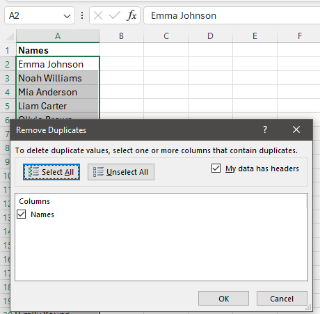 Excel remove duplicates dialog box with column selection