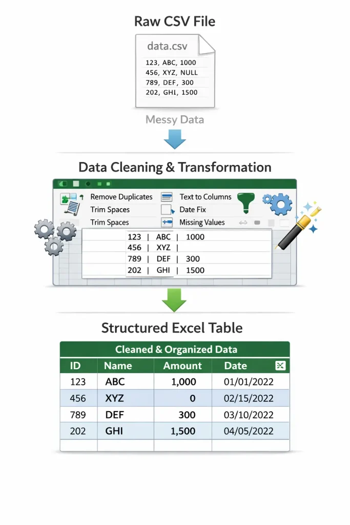 Excel data cleaning workflow from raw import to structured reporting