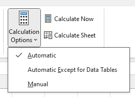 Excel calculation options showing automatic mode enabled