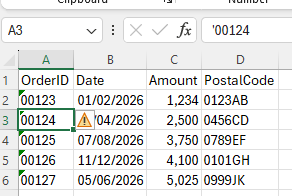 CSV data opened in Excel with formatting issues