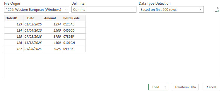 Excel CSV import preview with column type selection